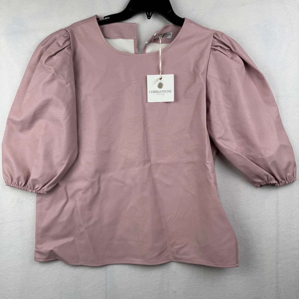Cobblestone Living Faux Leather‎ Top Puff Sleeve Mauve Pink S/M Made In Italy